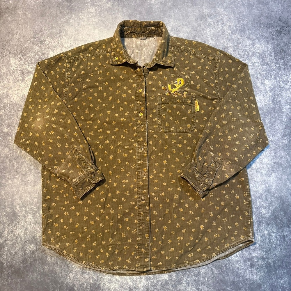 Vintage Looney Tunes Tweety‎ Bird Corduroy Button Down Shirt Green Floral XL
